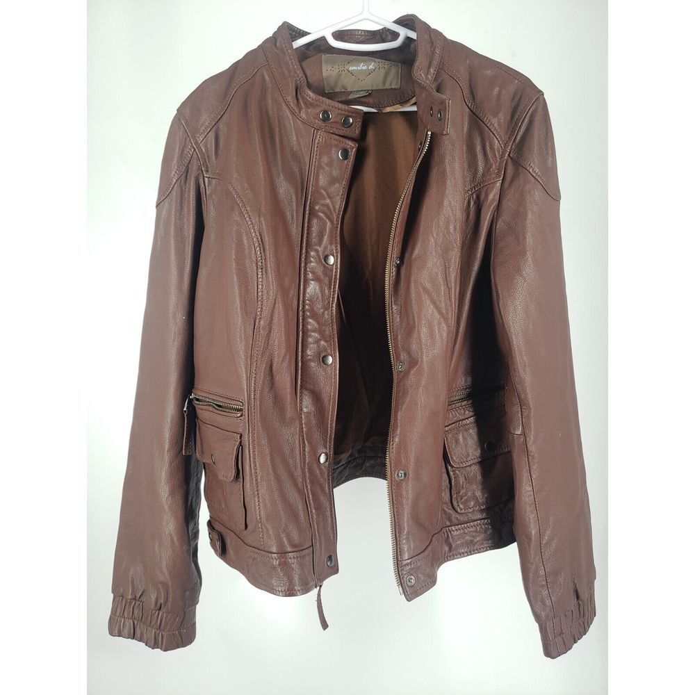 Emilie D. Leather Moto Jacket Size‎ Large L Zip Snap Closure